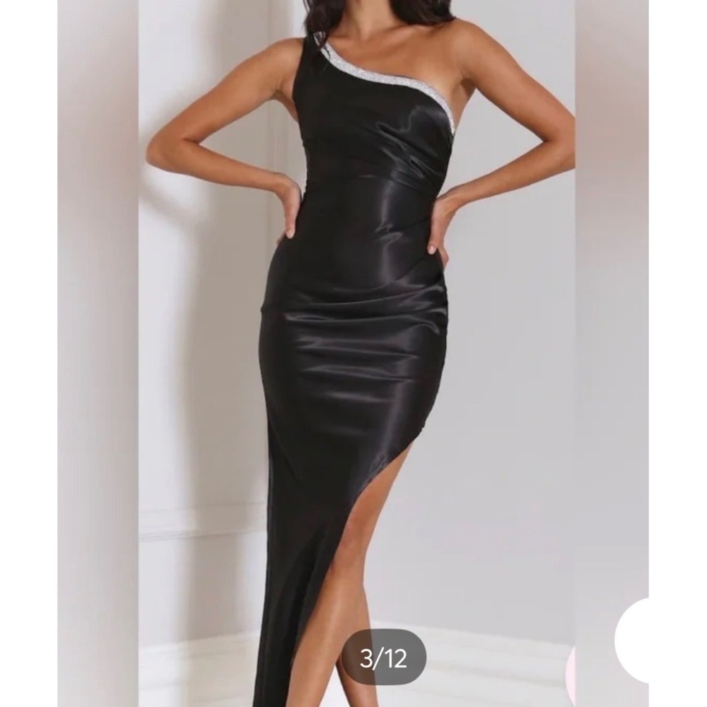 Hello Molly Black Satin One Shoulder Rhinestone Trim Asymmetric Maxi Dress XS 2